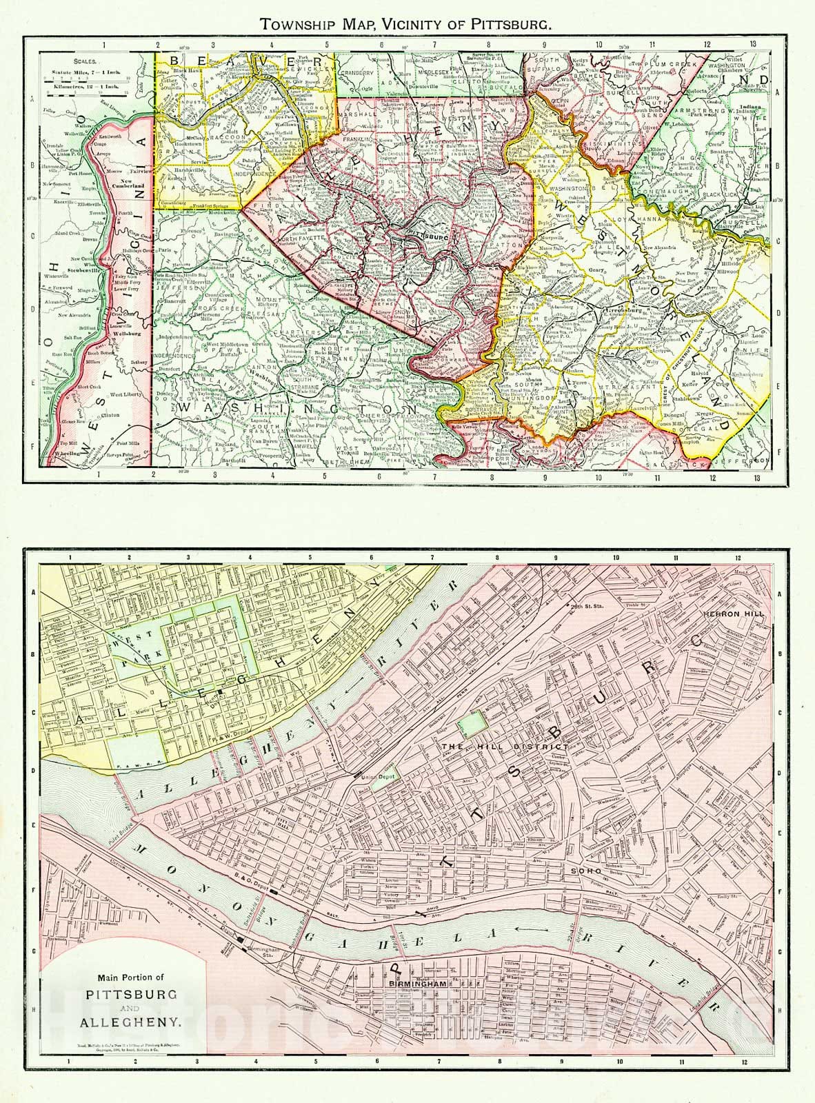 Historic Map : 1900 Township map, vicinity of Pittsburgh, & Main Portion of Pittsburgh & Allegheny : Vintage Wall Art