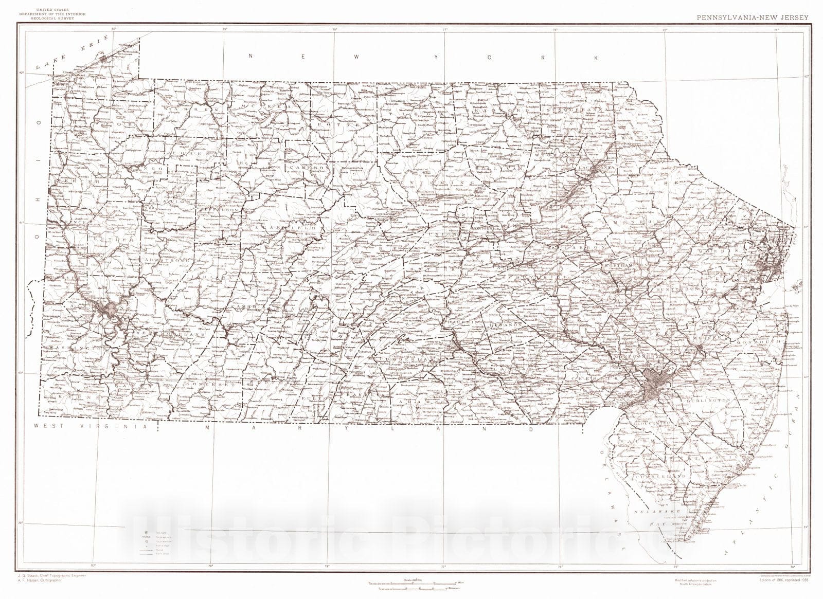 Historic Map : 1916 State of Pennsylvania and New Jersey  : Vintage Wall Art