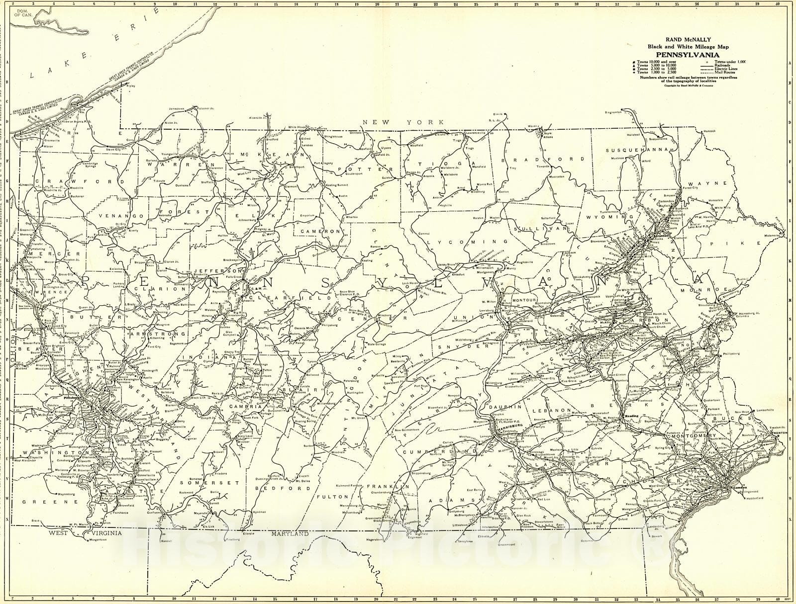 Historic Map : 1921 Pennsylvania- Black and White Mileage Map : Vintage Wall Art