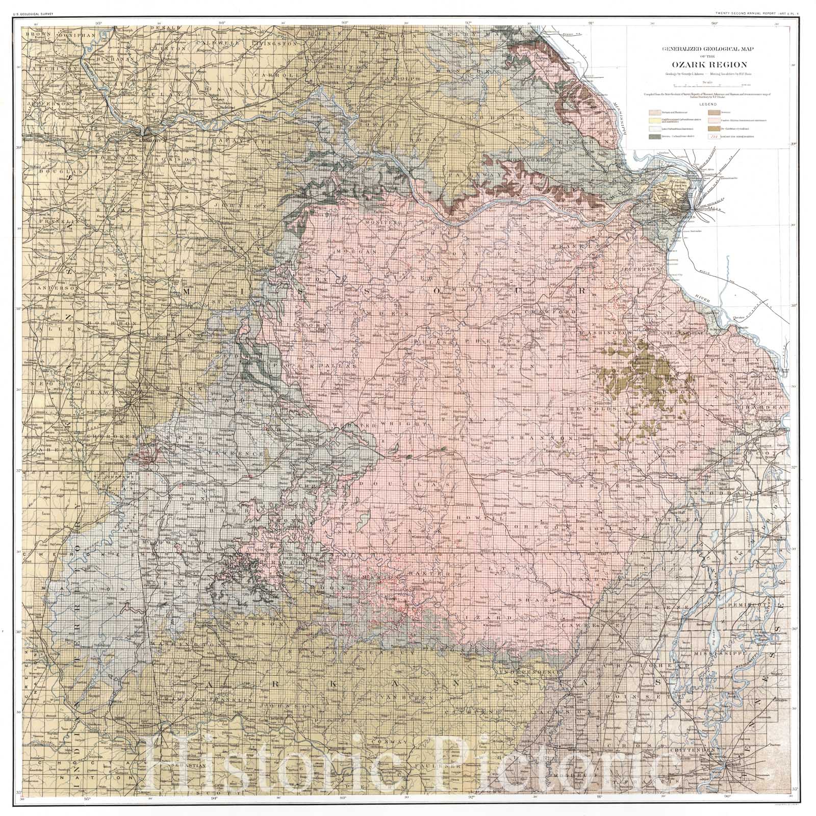 Historic Map : 1901 Generalized geological map of the Ozark Region : Vintage Wall Art