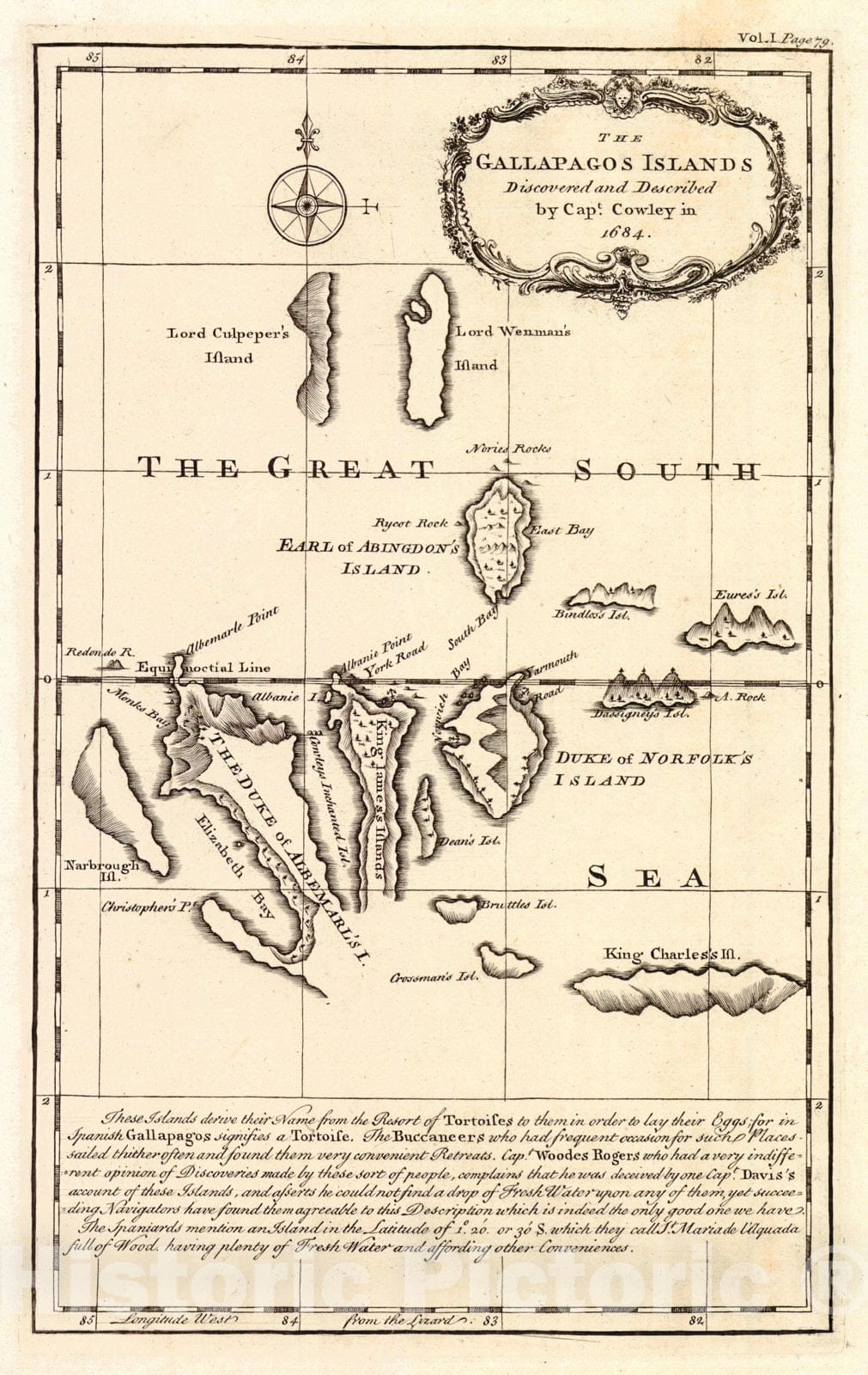Historic Map : 1748 The Gallapagos Islands Discovered and Described by Capt. Cowley in 1684 : Vintage Wall Art
