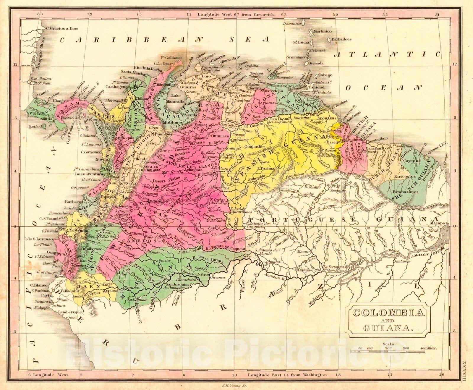 Historic Map : 1828 Columbia and Guiana : Vintage Wall Art