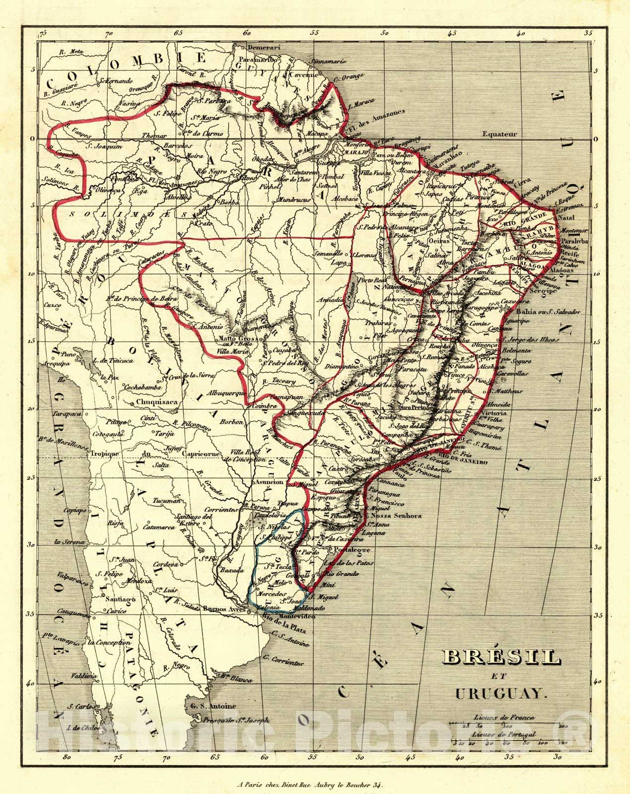 Historic Map : 1836 Bresil et Uruguay : Vintage Wall Art