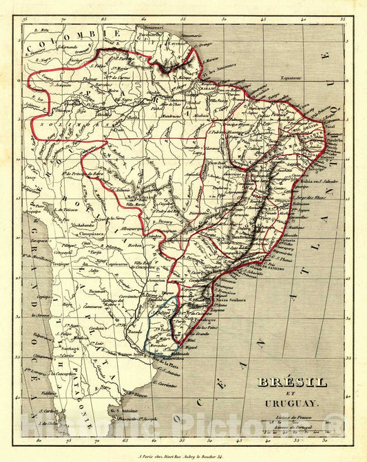 Historic Map : 1836 Bresil et Uruguay : Vintage Wall Art