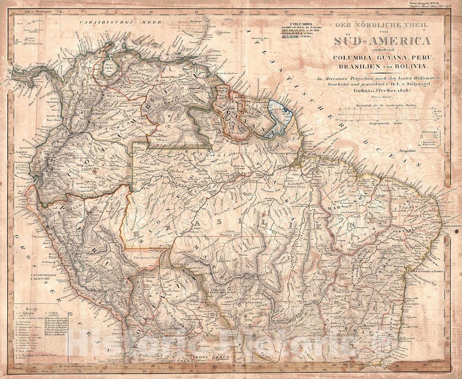 Historic Map : 1839 Der NOrdliche Theil von S&uuml;d-America enthaltend Columbia, Guyana, Peru, Brasilien, und Bolivia : Vintage Wall Art