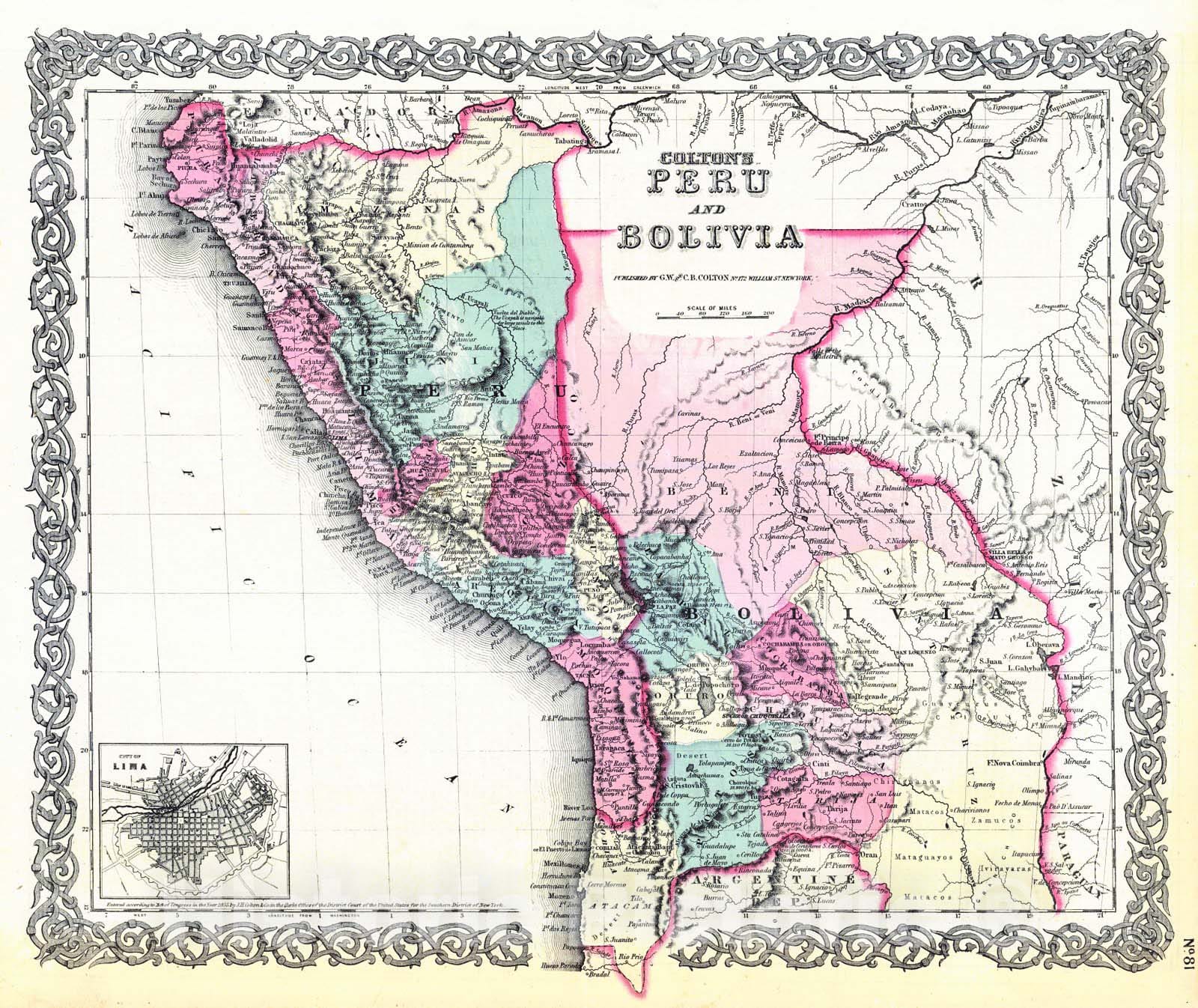 Historic Map : 1855 Colton's Peru and Bolivia : Vintage Wall Art