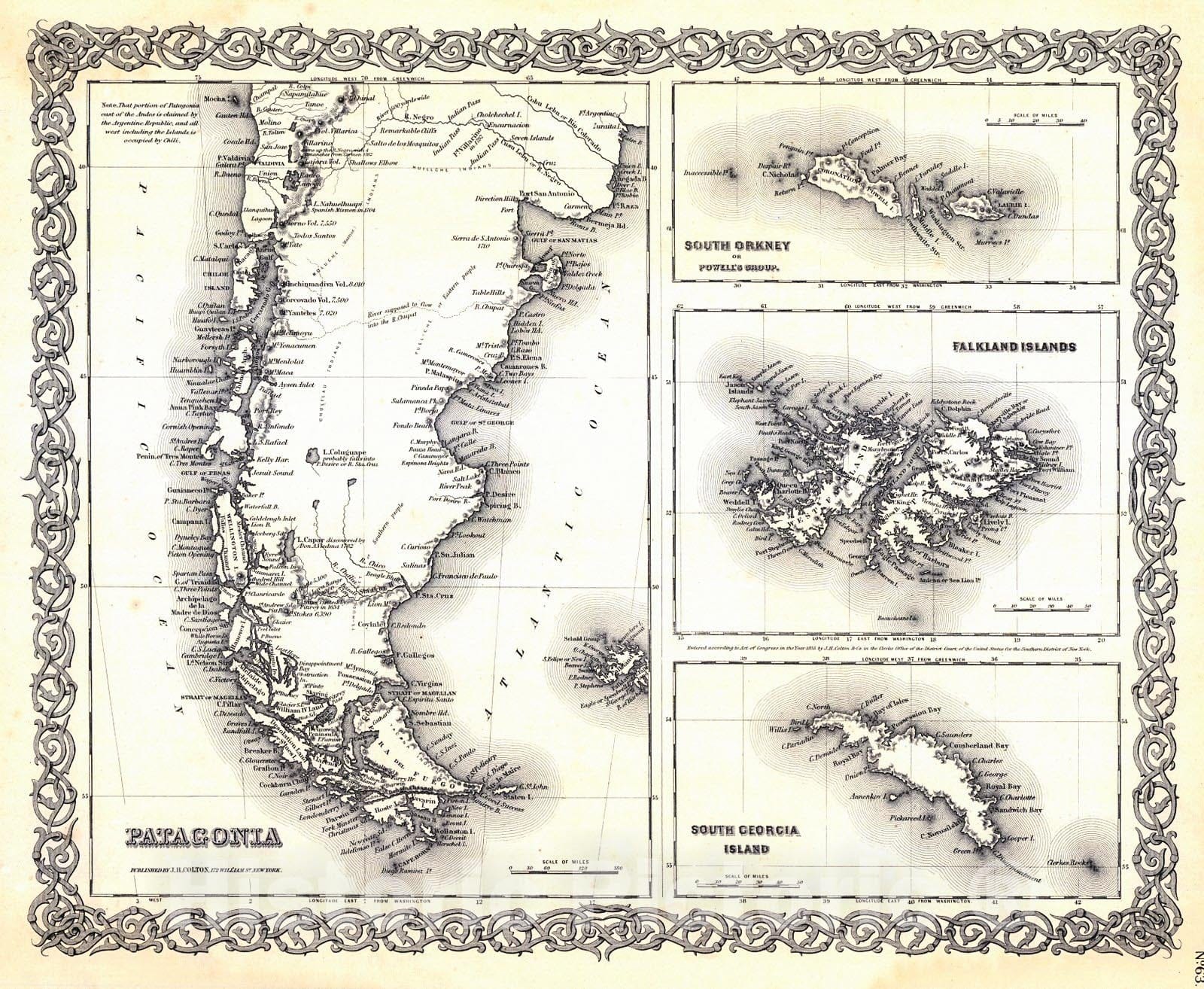 Historic Map : 1855 Patagonia, South Orkney, Falkland Islands, South Georgia Island : Vintage Wall Art