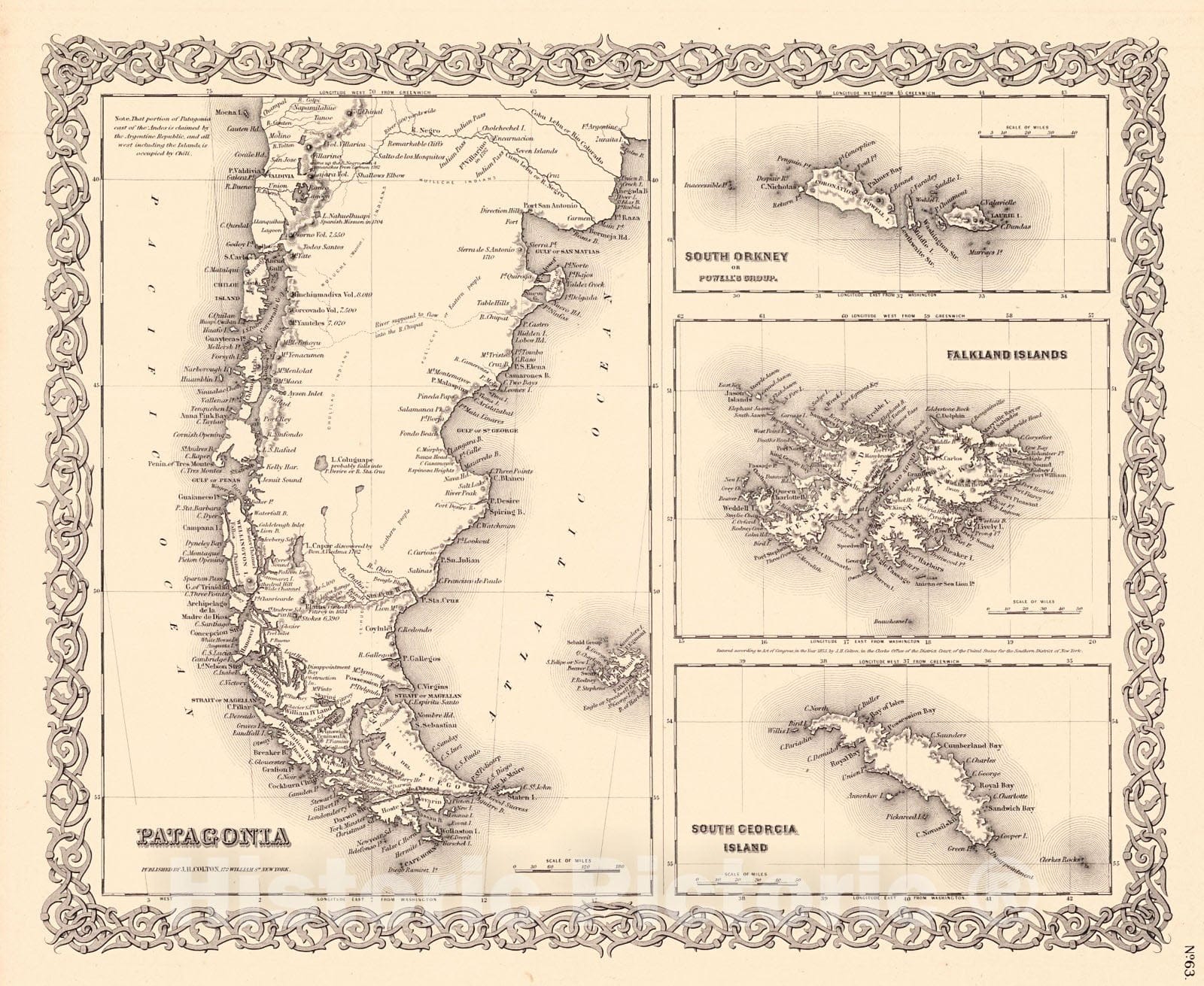Historic Map : 1855 Patagonia [and] South Orkney or Powell's Group, Faulkland Islands, South Georgia Islands : Vintage Wall Art