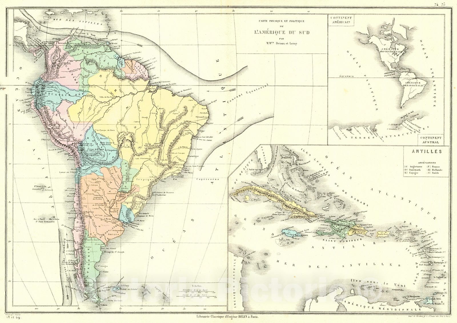 Historic Map : 1873 Carte Physique et Politique de L'Amerique du Sud : Vintage Wall Art