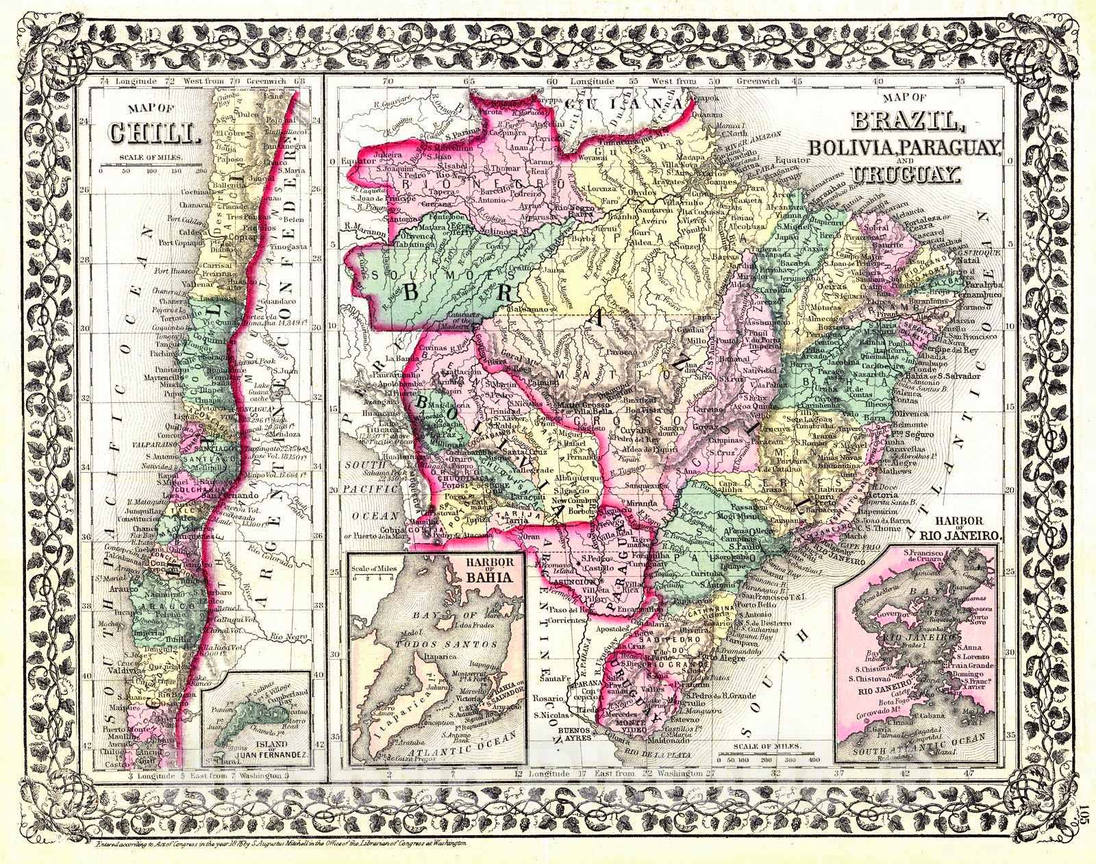 Historic Map : 1876 Map of Chili; Map of Brazil, Bolivia, Paraguay and Uruguay : Vintage Wall Art