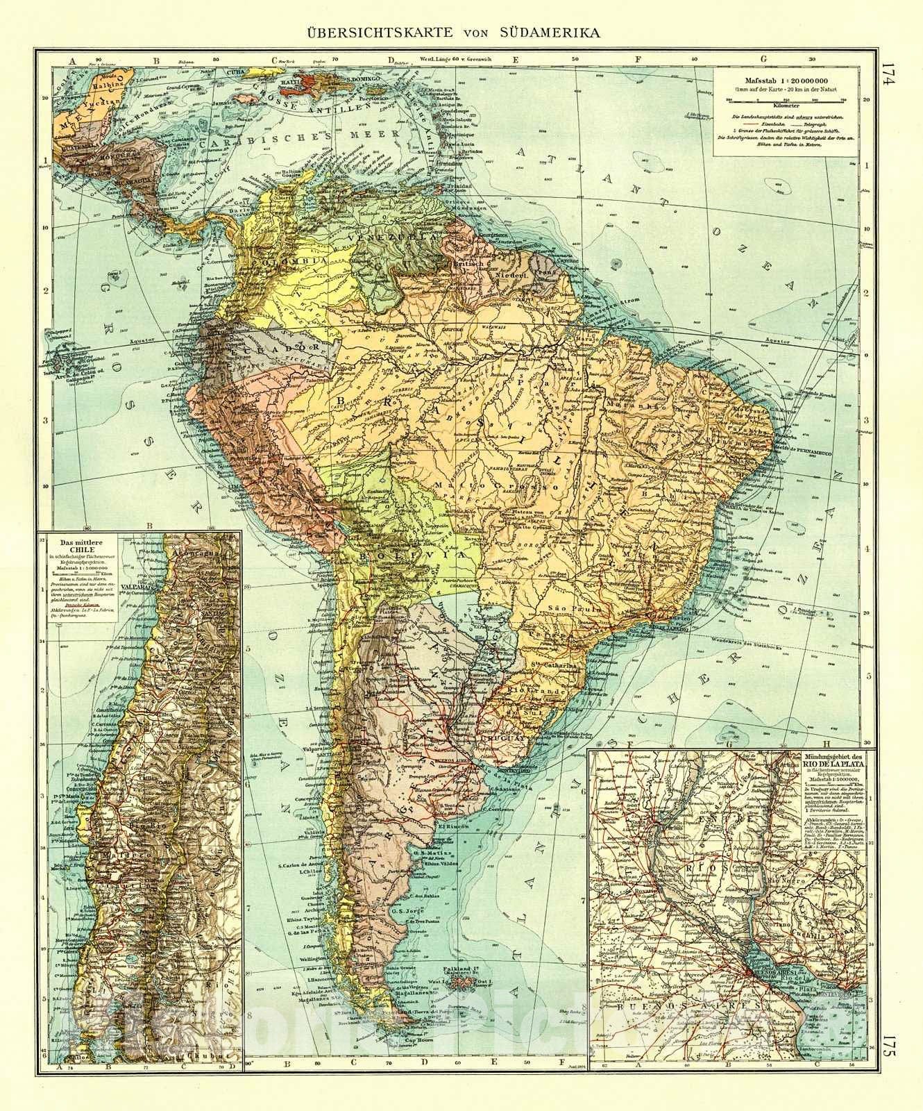 Historic Map : 1904 &Uuml;bersichtskarte von S&uuml;damerika : Vintage Wall Art