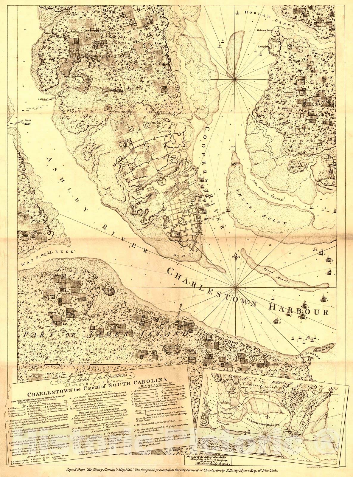 Historic Map : 1780 A sketch of the operations before Charlestown, the capital of South Carolina : Vintage Wall Art
