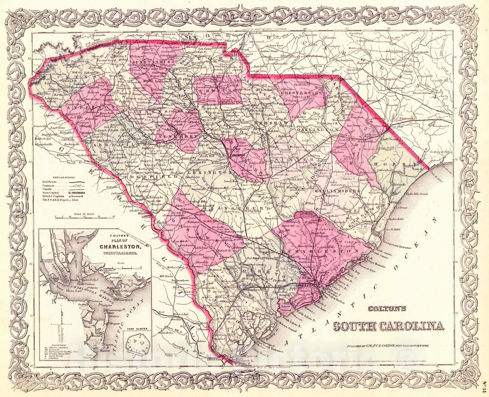 Historic Map : 1855 Colton's South Carolina : Vintage Wall Art