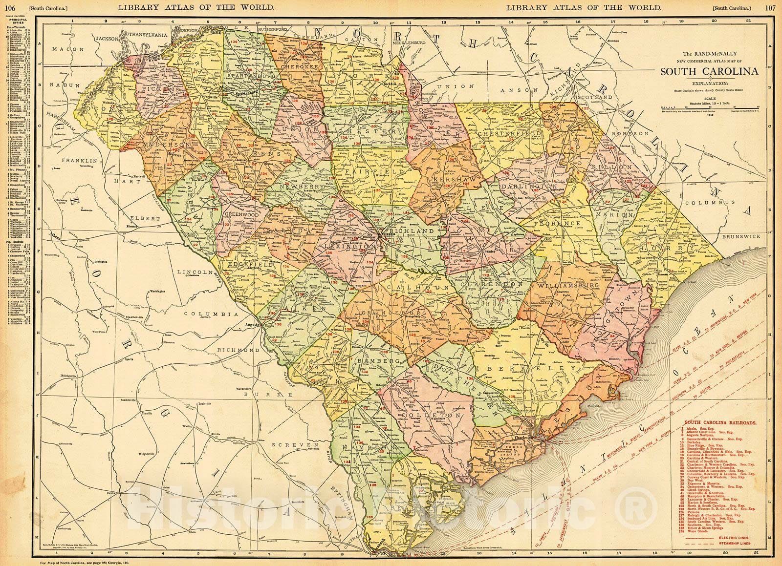 Historic Map : 1912 South Carolina : Vintage Wall Art