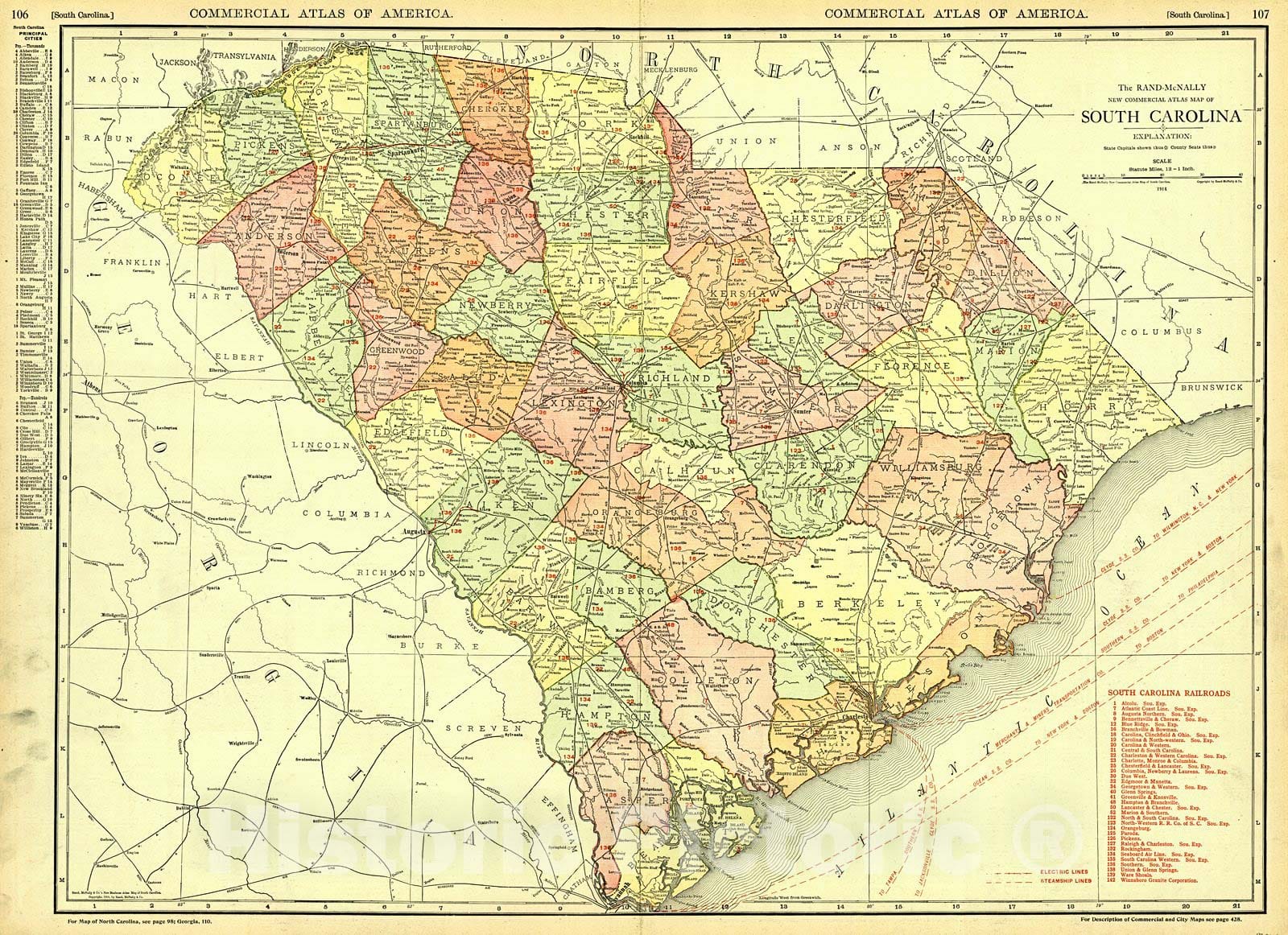 Historic Map : 1914 South Carolina : Vintage Wall Art