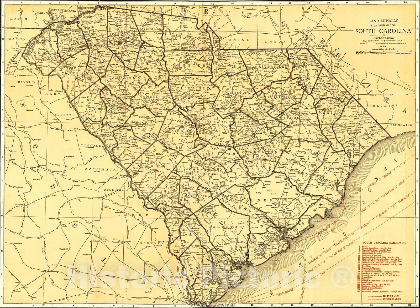 Historic Map : 1921 South Carolina : Vintage Wall Art