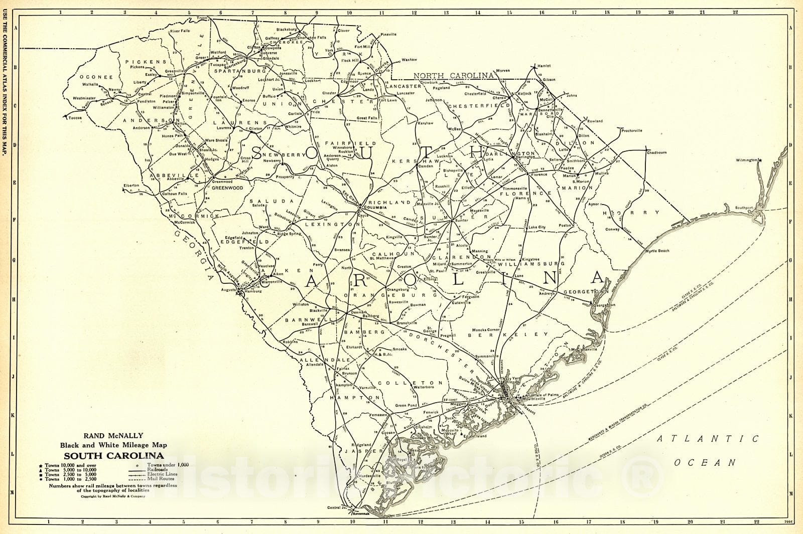 Historic Map : 1921 South Carolina- Black and White Mileage Map : Vintage Wall Art