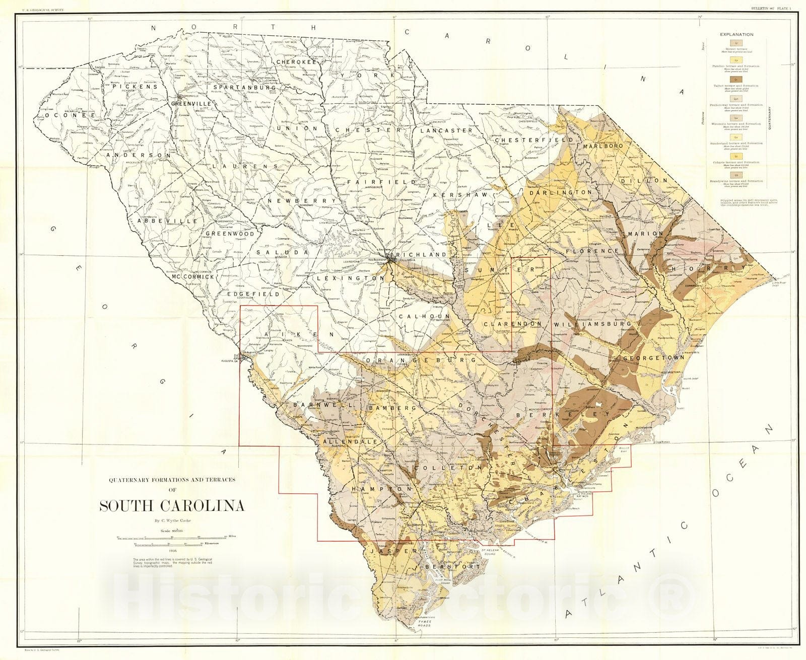 Historic Map : 1936 Quaternary Formations and Terraces of South Carolina : Vintage Wall Art