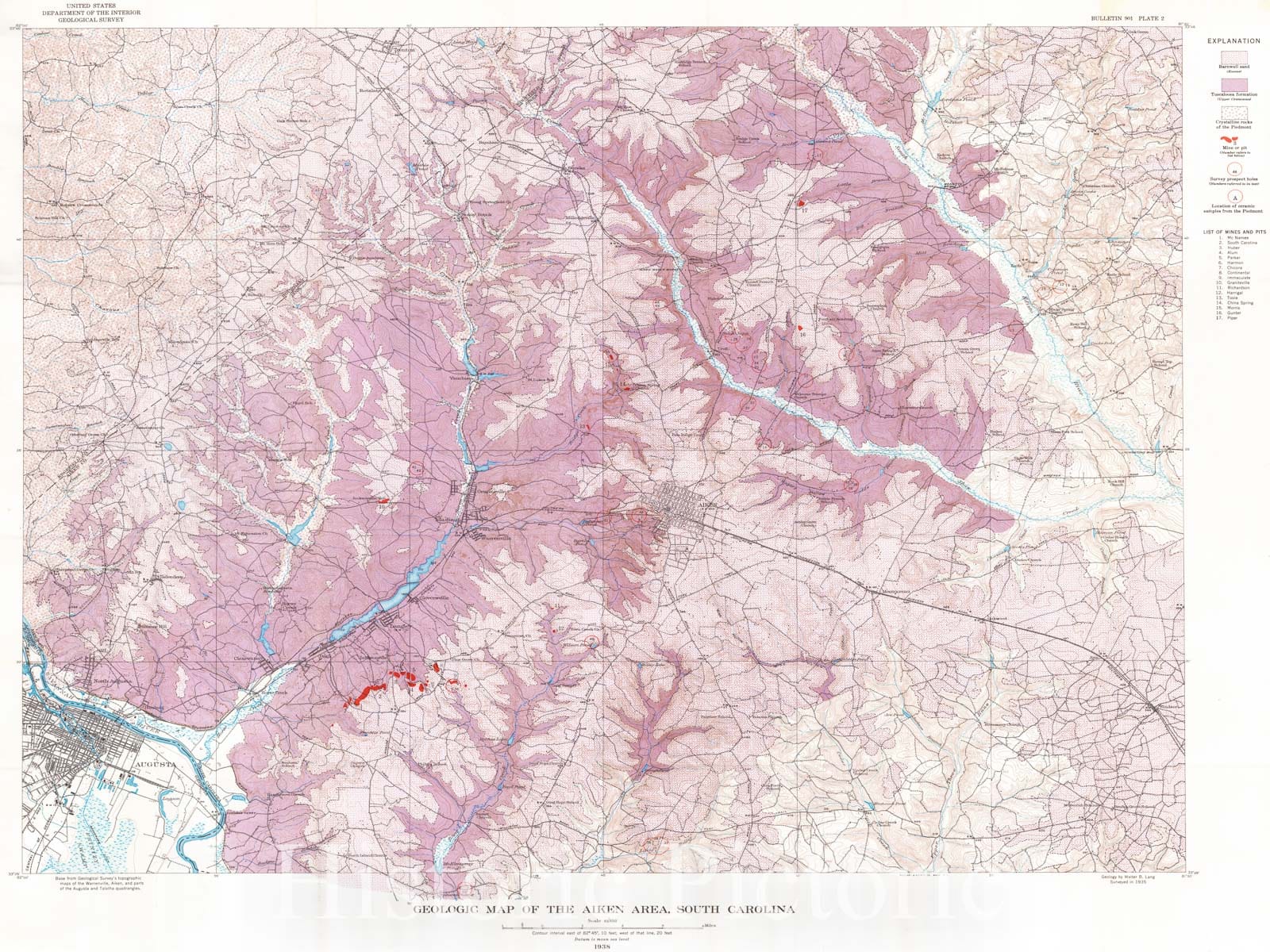 Historic Map : 1938 Geologic map of the Aiken area, South Carolina : Vintage Wall Art
