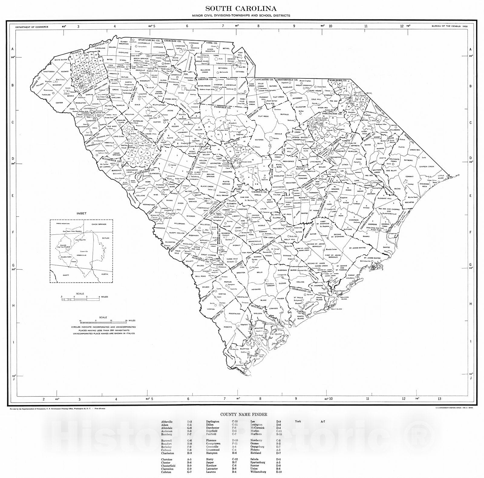 Historic Map : 1950 South Carolina Minor Civil Divisions - Townships and School Districts (1950 Census) : Vintage Wall Art