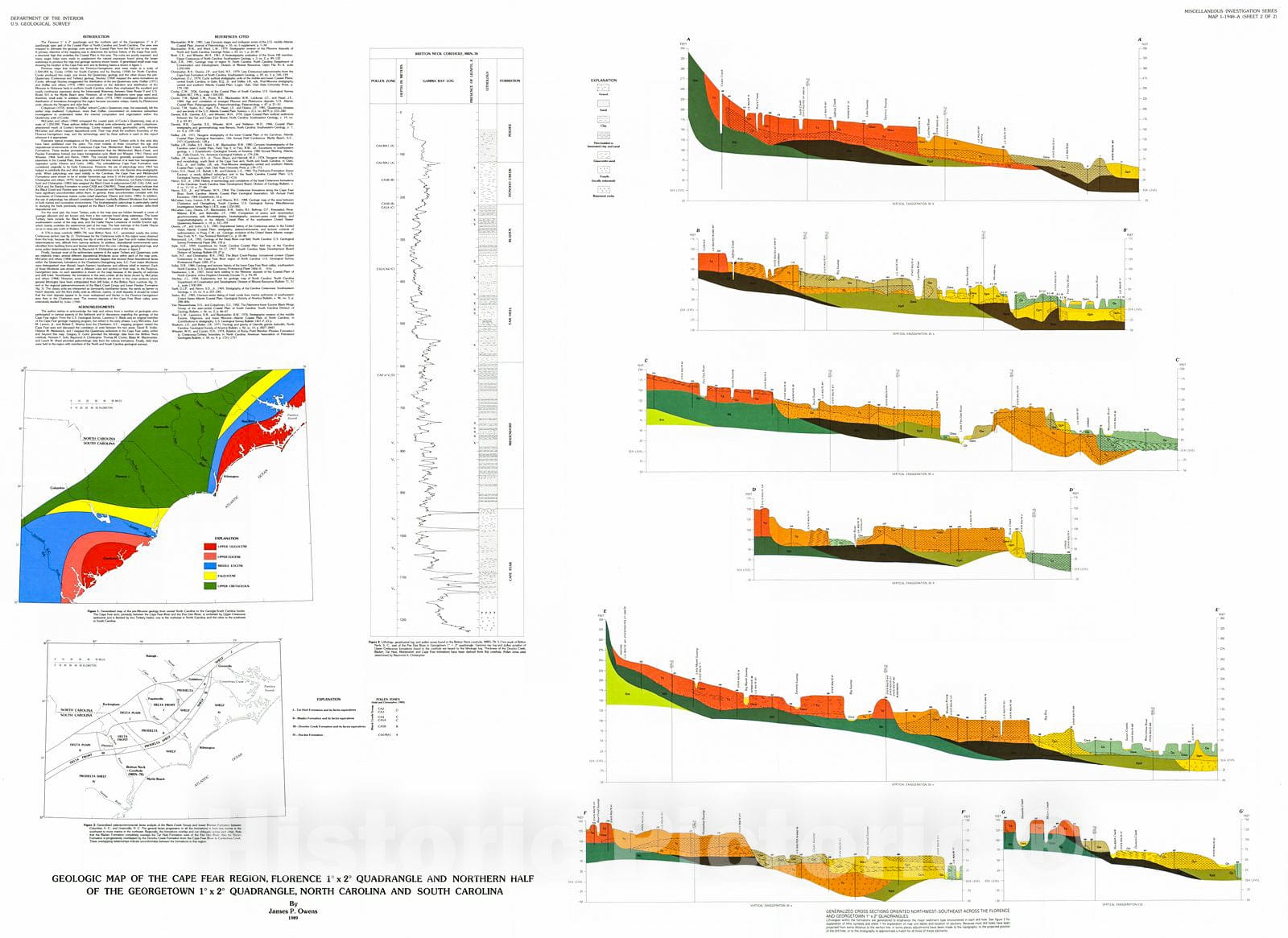 Historic Map : Geologic map of the Cape Fear region, Florence quadrangle and north half of the Georgetown, North Carolina and South Carolina Version 2 : Vintage Wall Art