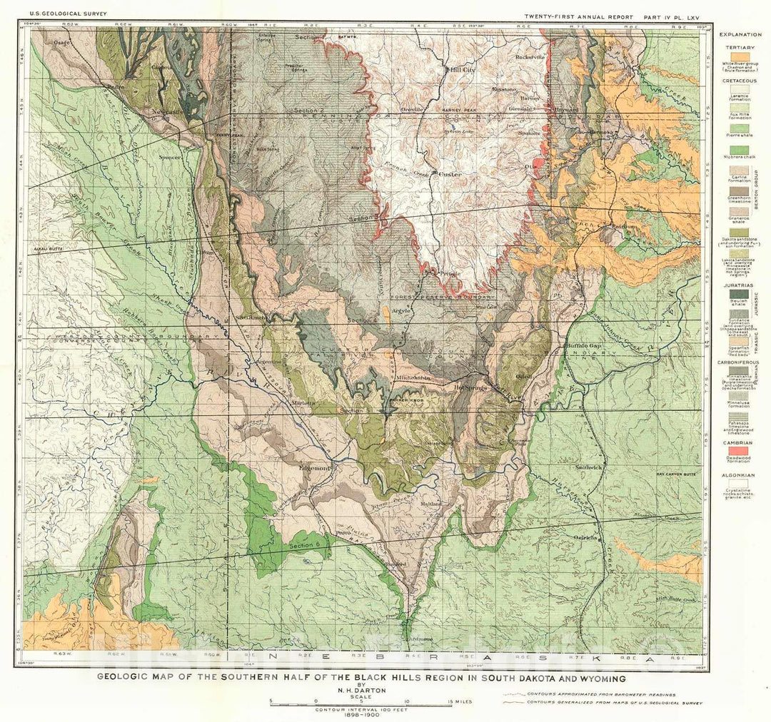 Historic Map : 1900 Geologic Map of the southern half of the Black Hills Region in South Dakota and Wyoming : Vintage Wall Art