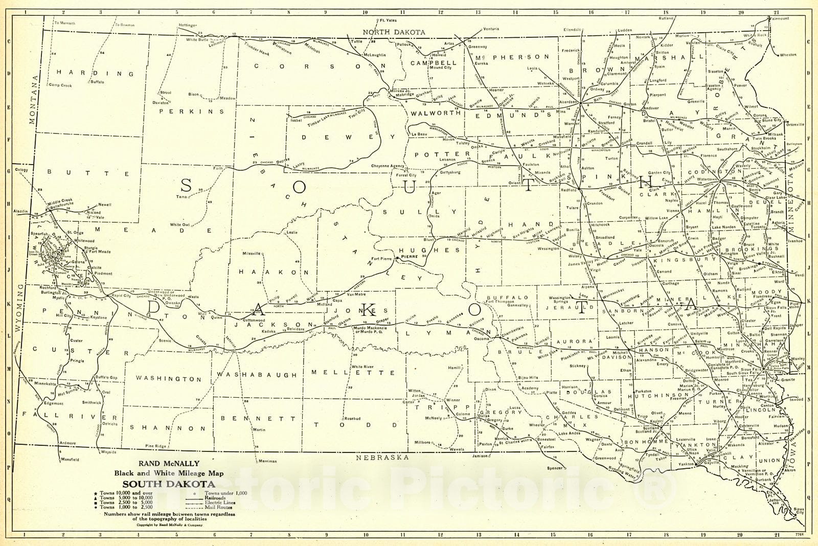 Historic Map : 1921 South Dakota- Black and White Mileage Map : Vintage Wall Art