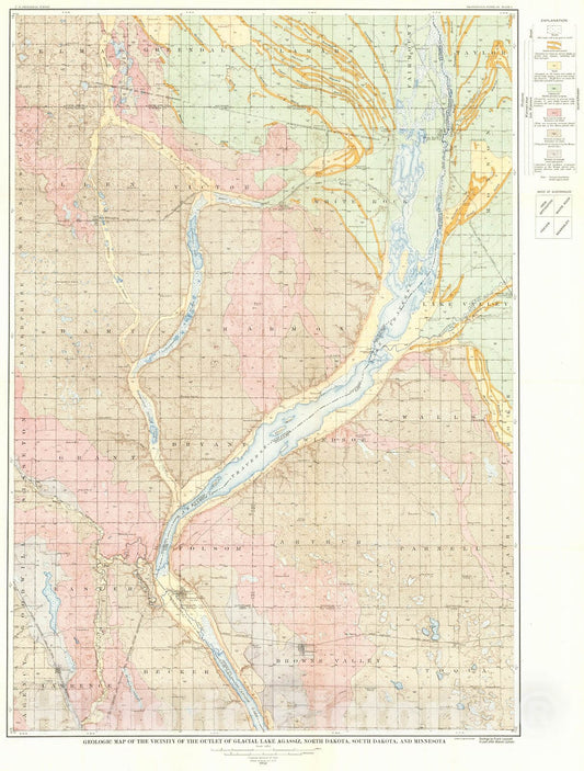Historic Map : 1932 Geologic map of the vicinity of the outlet of Glacial Lake Agassiz, North Dakota, South Dakota and Minnesota  : Vintage Wall Art
