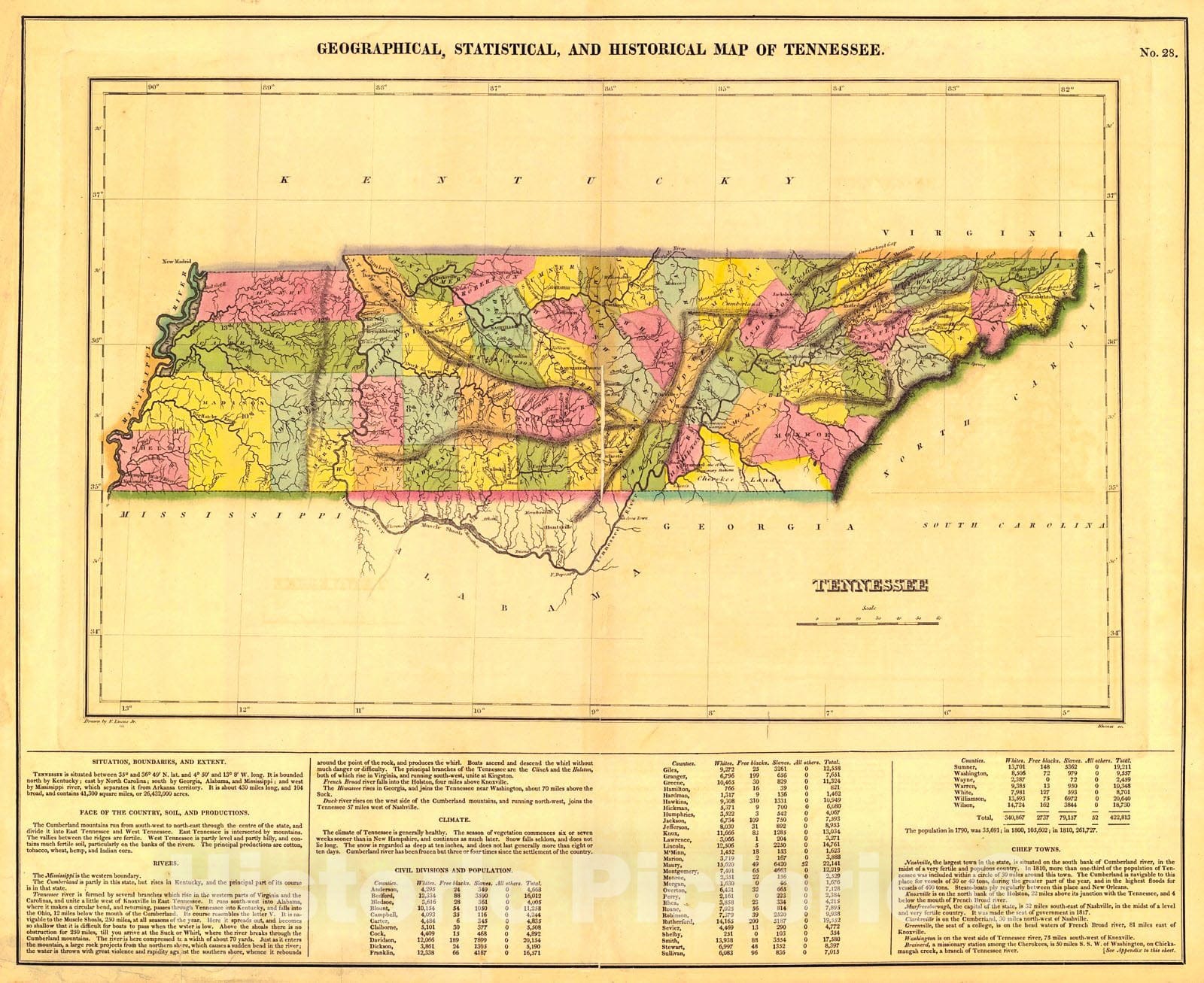 Historic Map : 1822 Geographical, Statistical, and Historical Map of Tennessee : Vintage Wall Art