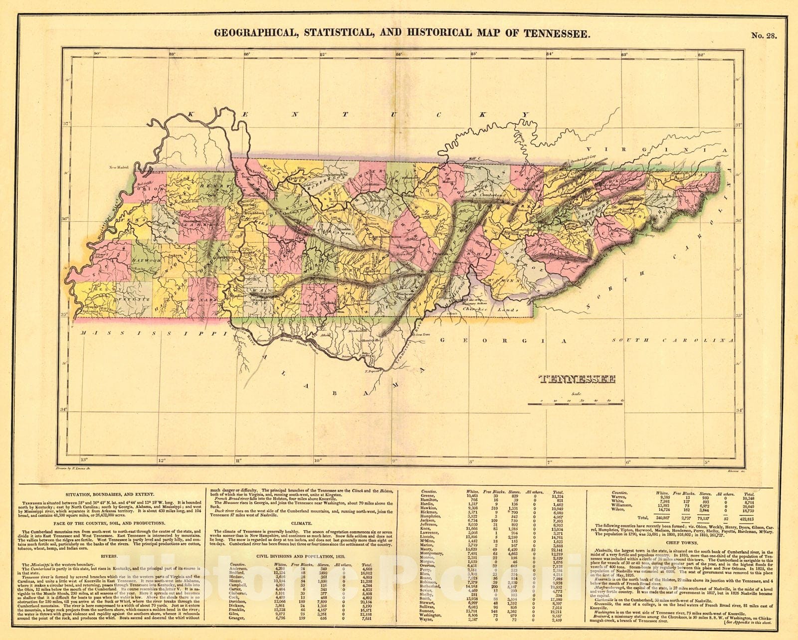 Historic Map : 1827 Geographical, Statistical, and Historical Map of Tennessee : Vintage Wall Art
