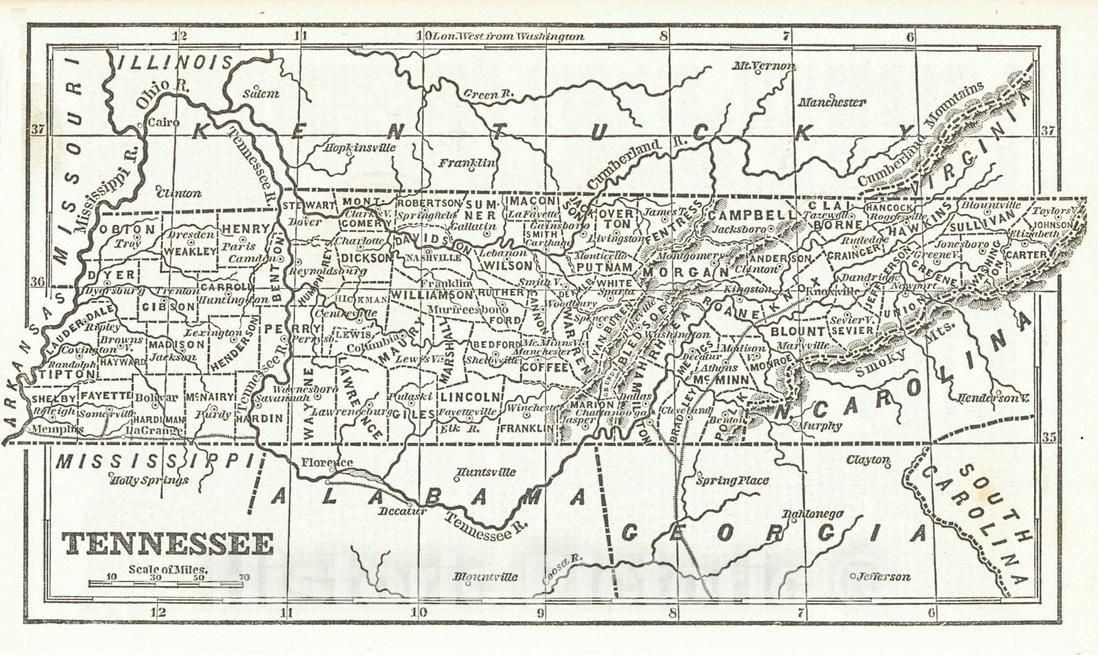 Historic Map : 1853 Tennessee : Vintage Wall Art