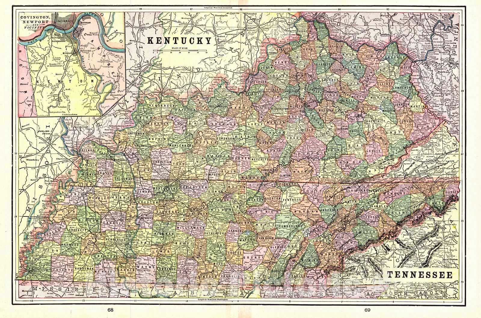Historic Map : 1898 Kentucky & Tennessee : Vintage Wall Art
