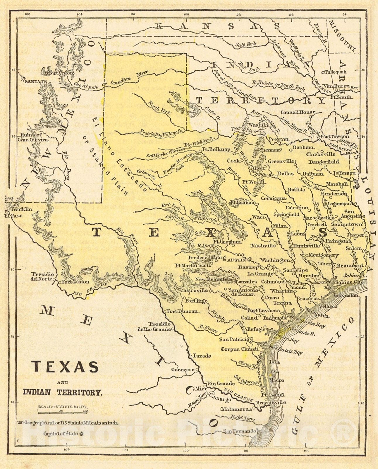 Historic Map : 1862 Texas and Indian Territory  : Vintage Wall Art