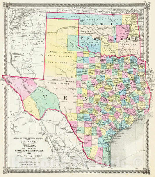 Historic Map : 1873 County Map of Texas and Indian Territory  : Vintage Wall Art