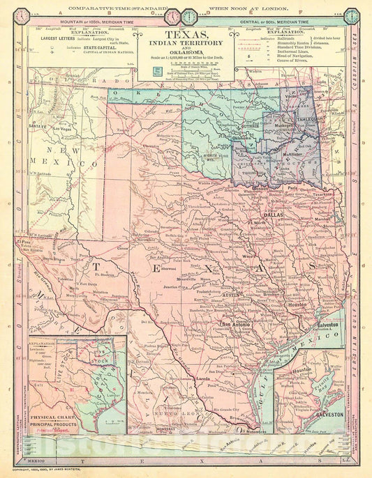Historic Map : 1890 Texas, Indian Territory, and Oklahoma : Vintage Wall Art