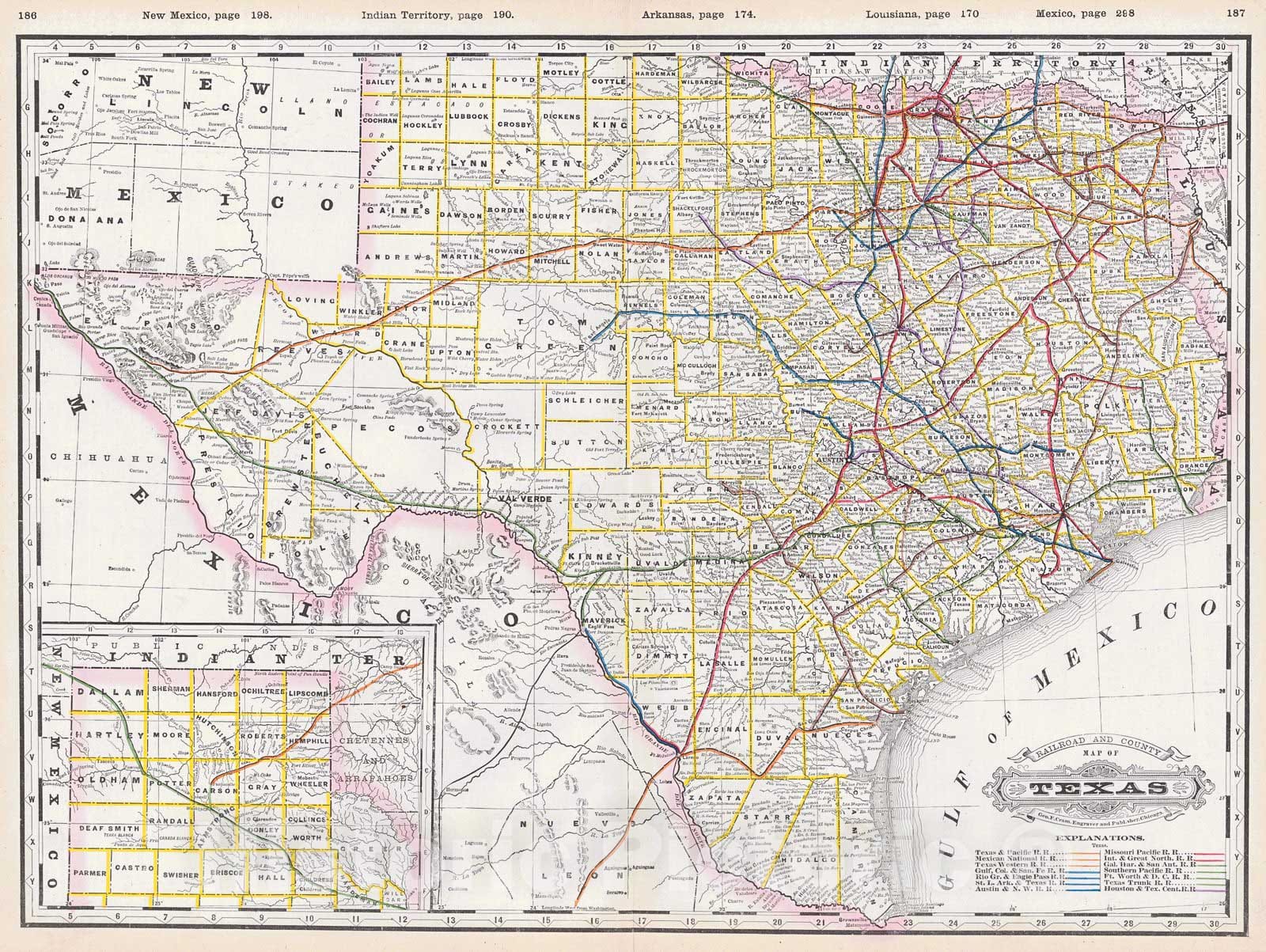 Historic Map : 1890 Railroad and County Map of Texas : Vintage Wall Art
