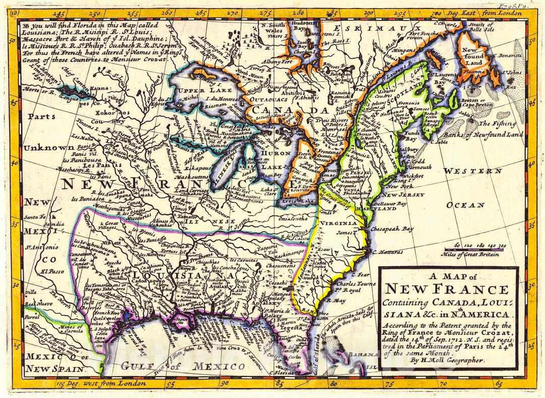 Historic Map : 1712 A Map of New France : Vintage Wall Art