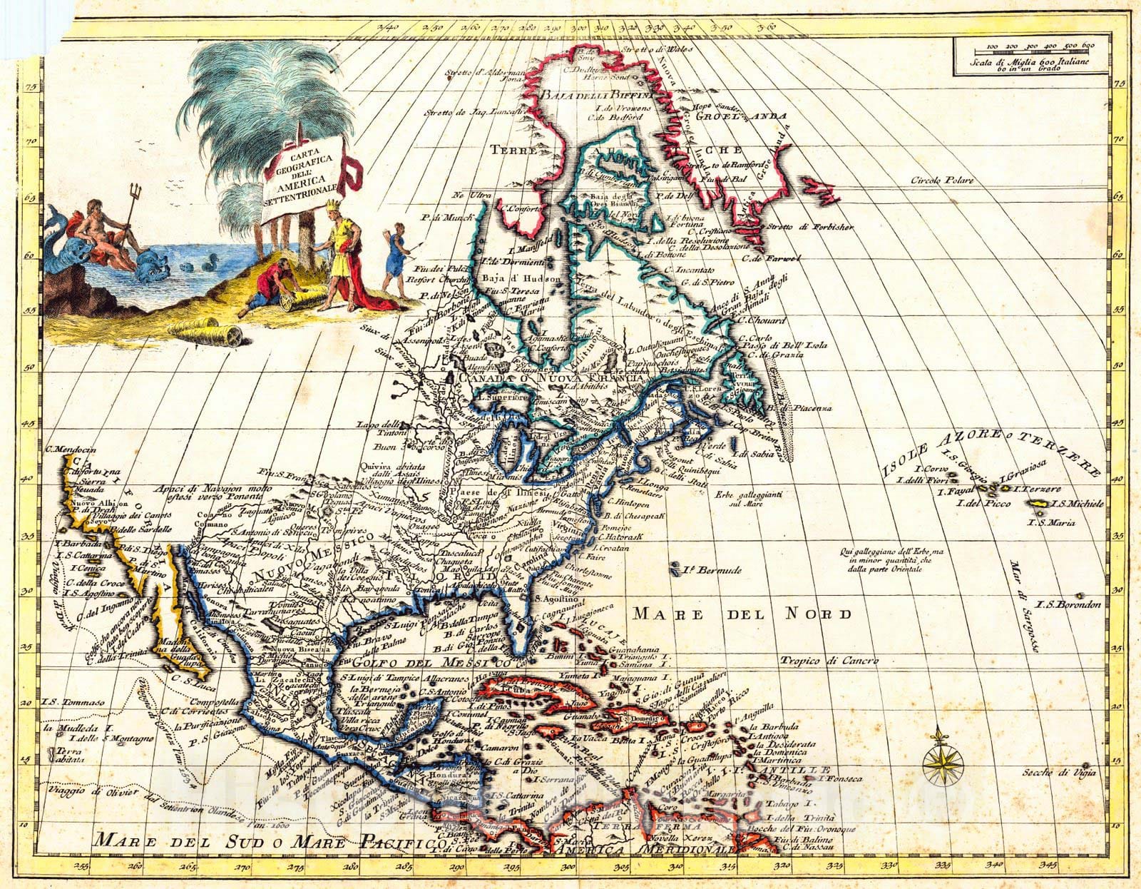 Historic Map : 1740 Carta Geografica dell America Settentrionale : Vintage Wall Art