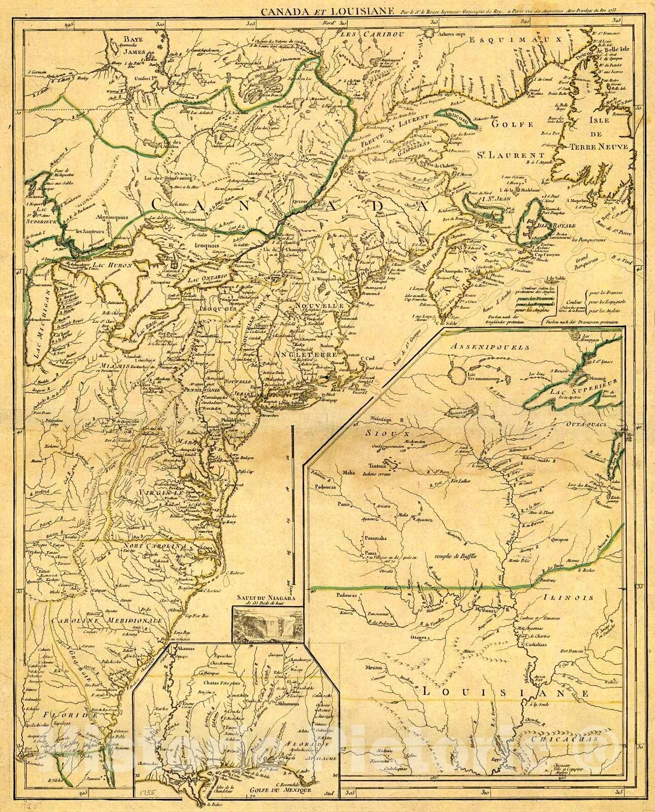 Historic Map : 1755 Canada et Louisiane, par le Sr. le Rouge ingenieur geographe du Roy : Vintage Wall Art