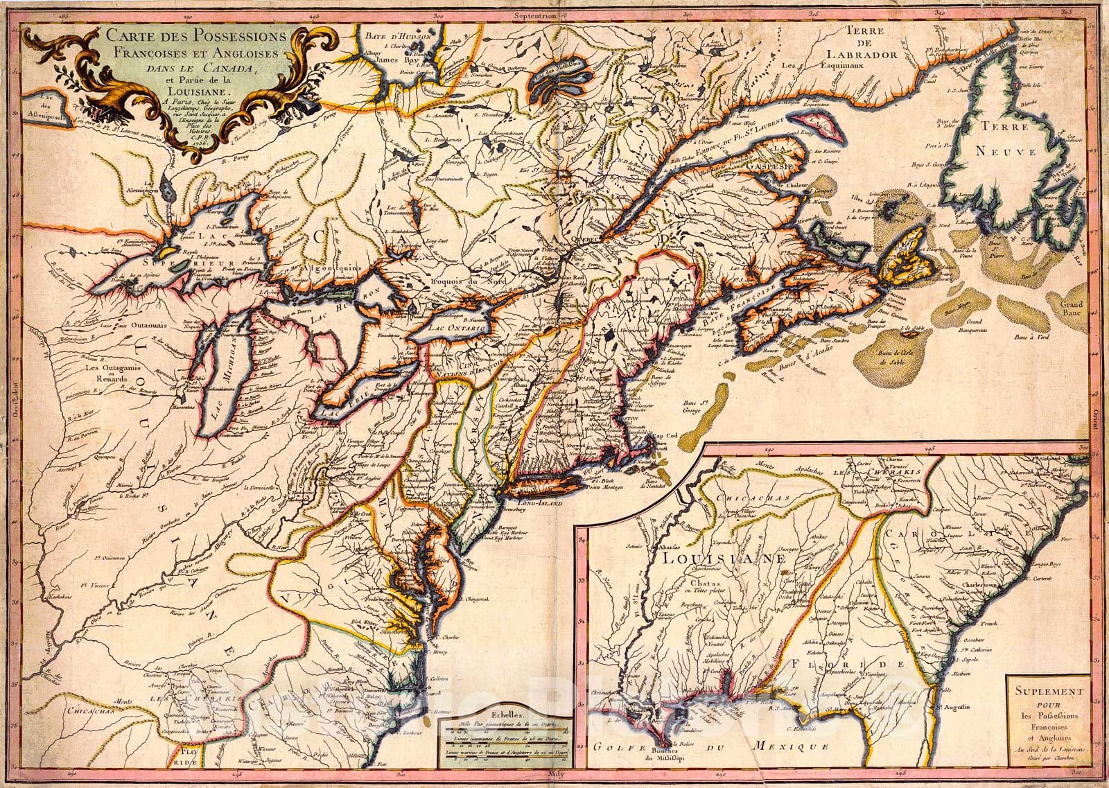 Historic Map : 1756 Carte des Possessions Francoises et Angloises dans Le Canada, et Partie de la Louisiane : Vintage Wall Art