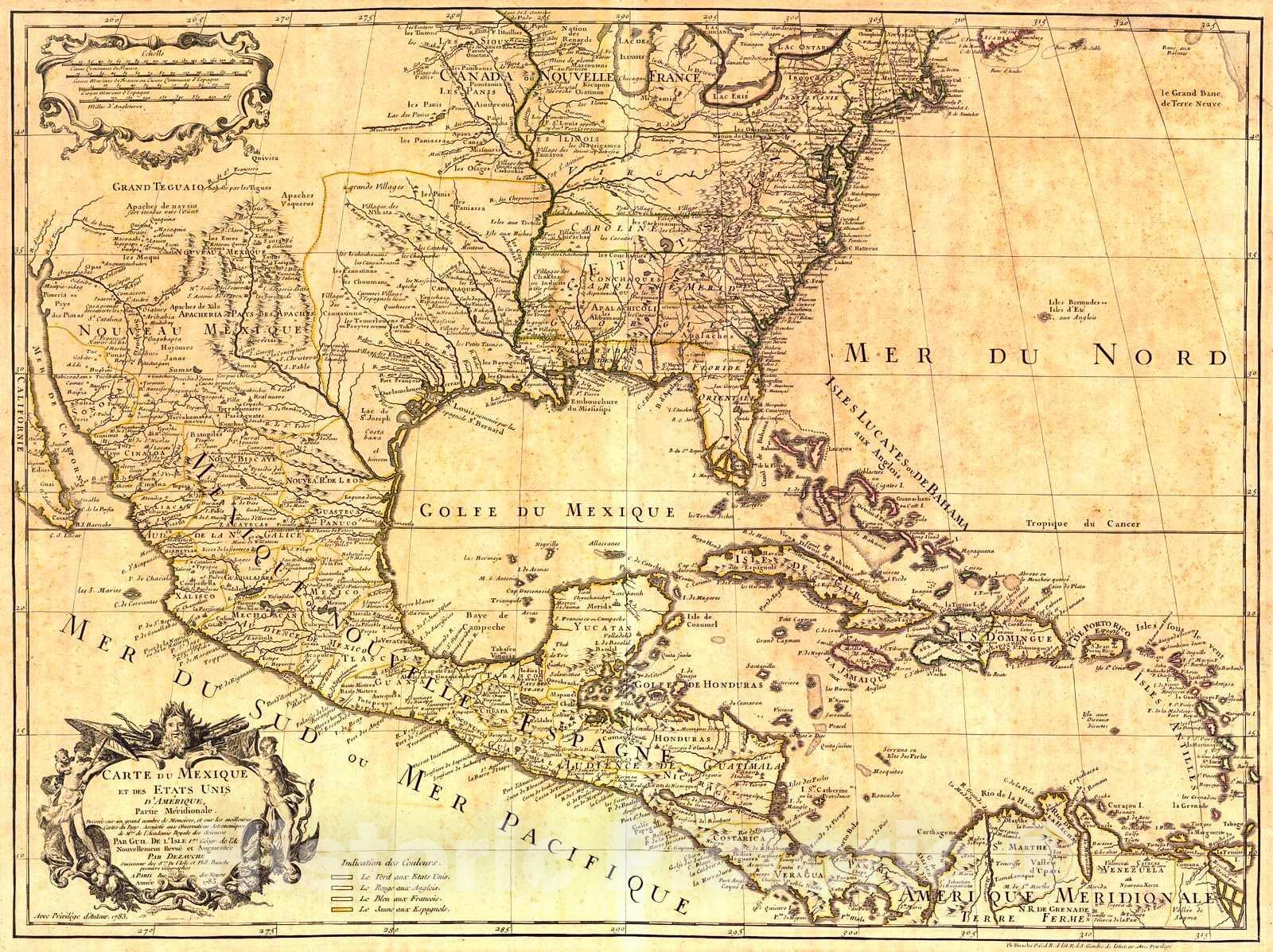 Historic Map : 1783 Carte du Mexique et des Etats Unis d'Amerique Partie Meridionale : Vintage Wall Art