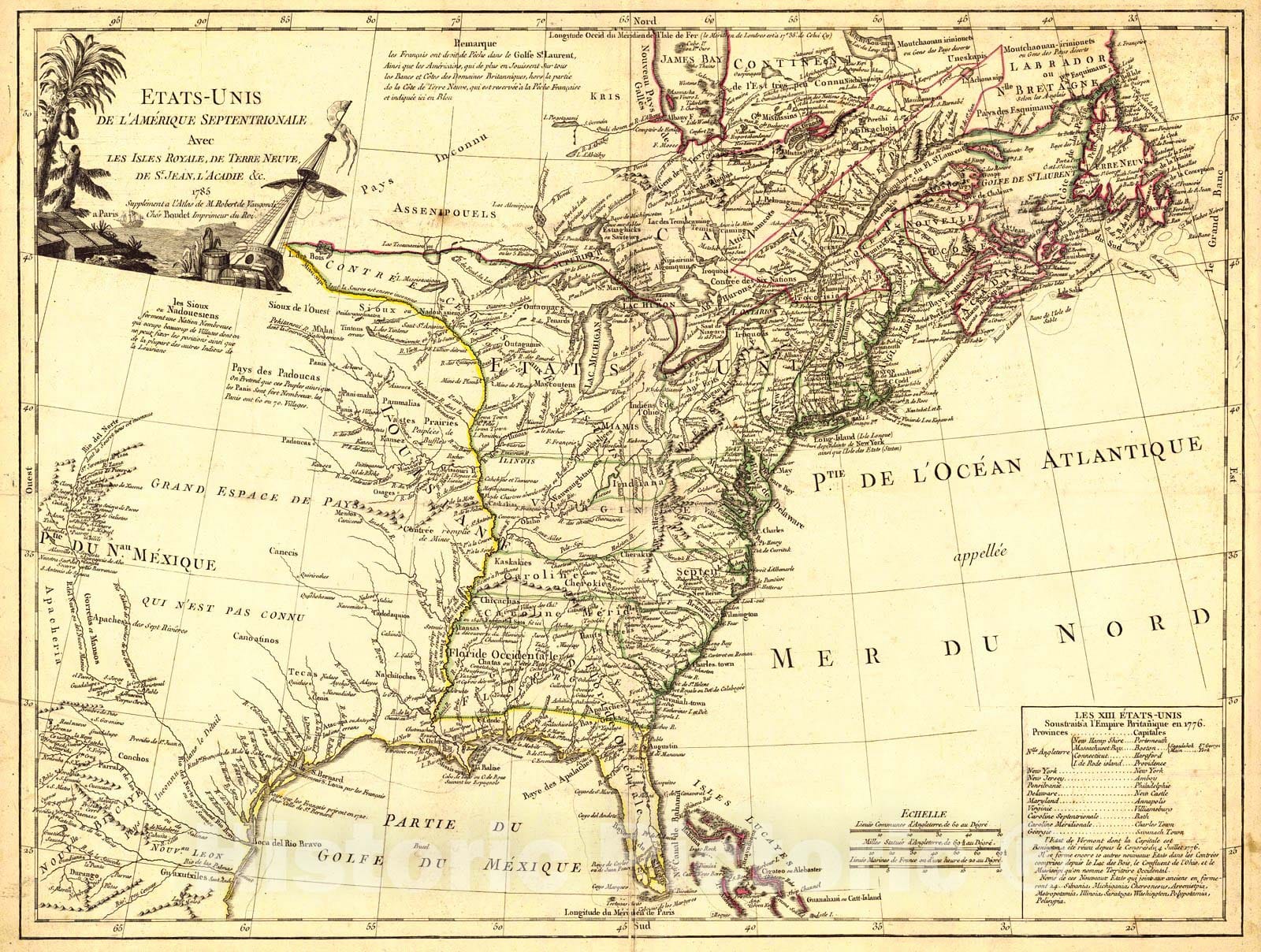 Historic Map : 1785 Etats-Unis De L'Amerique Septentrionale : Vintage Wall Art
