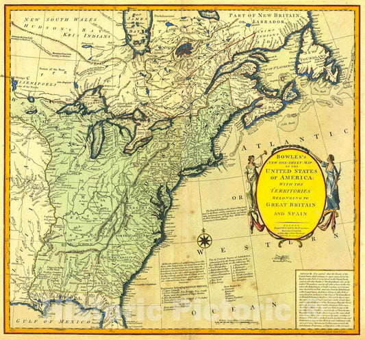 Historic Map : 1794 Bowles's New one-sheet map of the United States of America: with the territories belonging to Great Britain and Spain : Vintage Wall Art