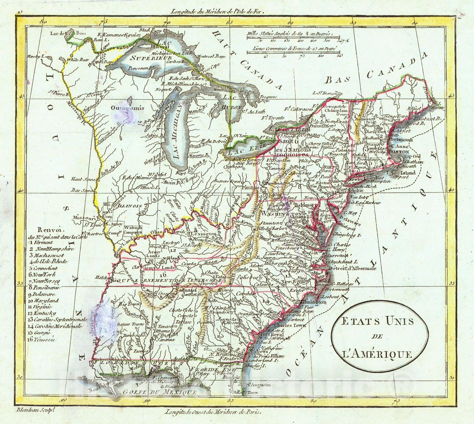 Historic Map : 1795 Etats Unis de L'Am&eacute;rique : Vintage Wall Art