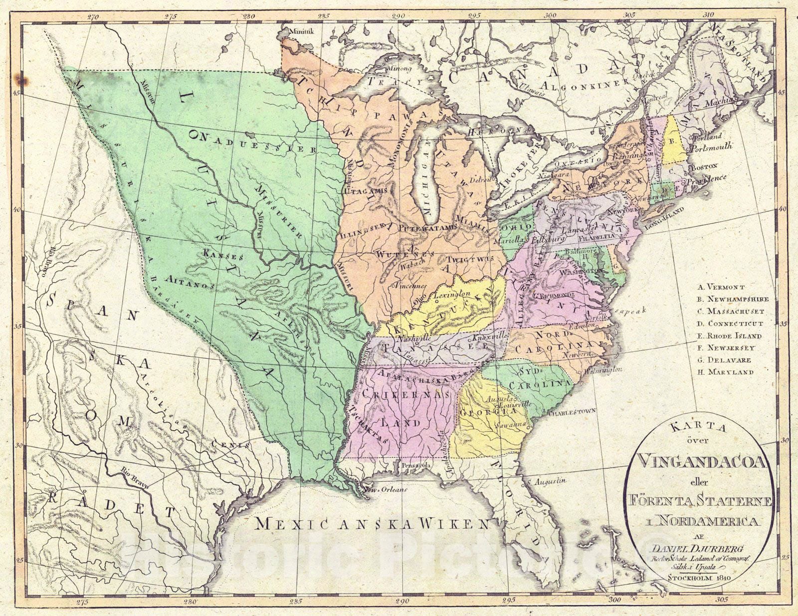 Historic Map : 1810 Karta over Vingandacoa eller Forenta Staterne i Nordamerica : Vintage Wall Art