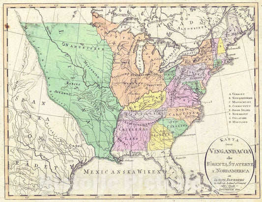 Historic Map : 1810 Karta over Vingandacoa eller Forenta Staterne i Nordamerica : Vintage Wall Art
