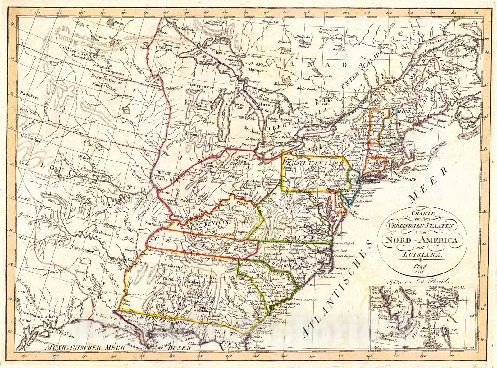 Historic Map : 1818 Charte von den Vereinigten Staaten von Nord America mit Luisana : Vintage Wall Art