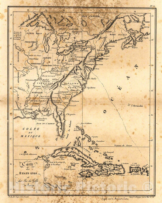 Historic Map : 1821 Carte de États-Unis et des Fles du Golfe du Mexique : Vintage Wall Art