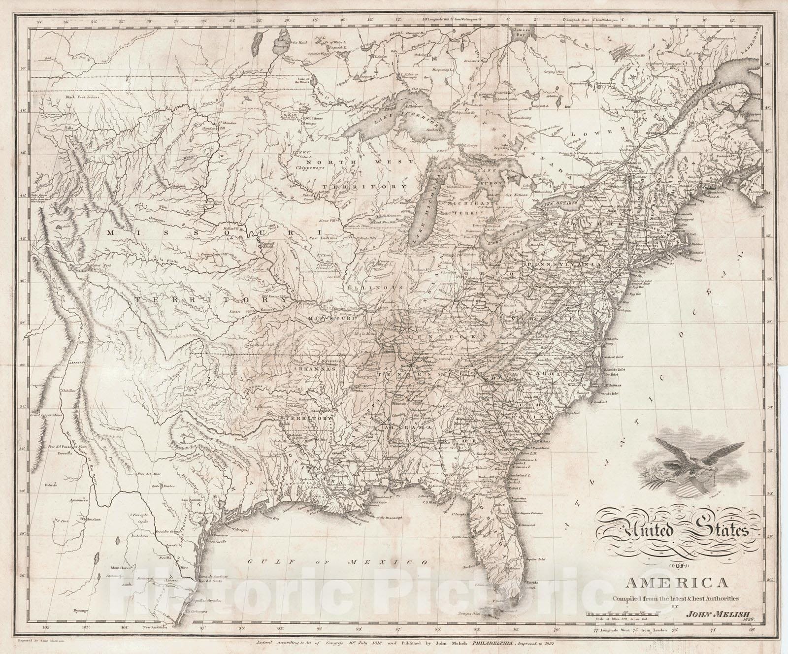 Historic Map : 1822 United States of America : Vintage Wall Art