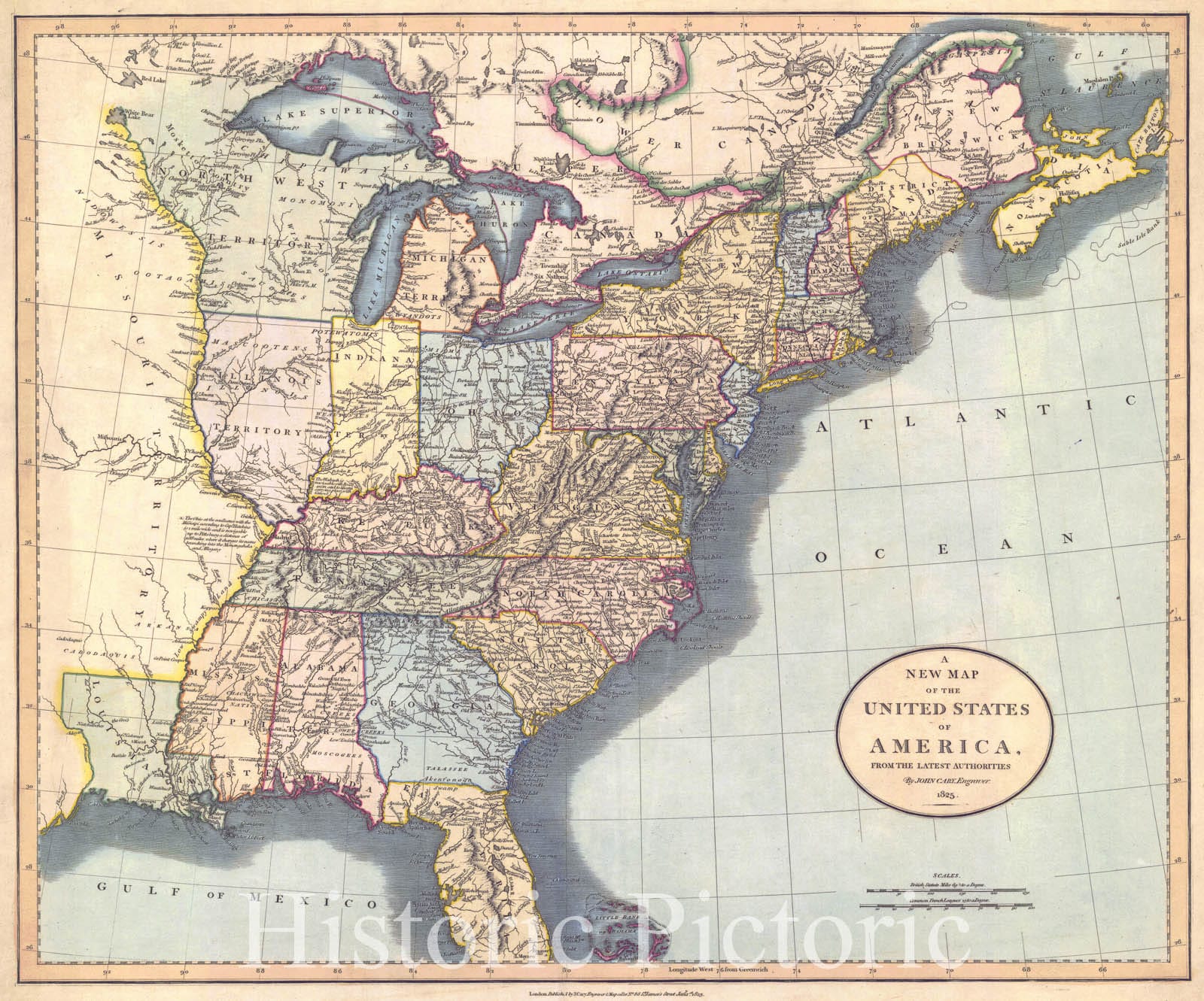 Historic Map : 1825 A New Map of the United States of America : Vintage Wall Art